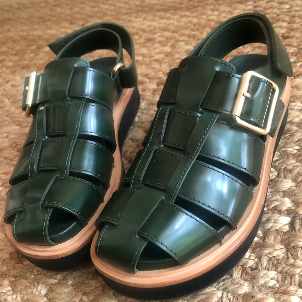 Loeffler Randall Dark Green Leather Fisherman Sandals - Picture 2 of 16